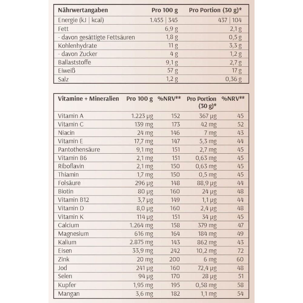 Nährwerttabelle mit Angaben pro 100g und pro Portion (30g). Enthält Informationen zu Energie, Fett, Kohlenhydrate, Eiweiß und Salz.