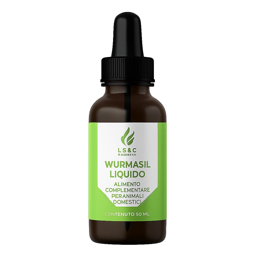 Braune Flasche mit schwarzem Tropfer. Aufschrift: Wurmasil Liquido, Alimento complementare per animali domestici. LS&C Nutrition.