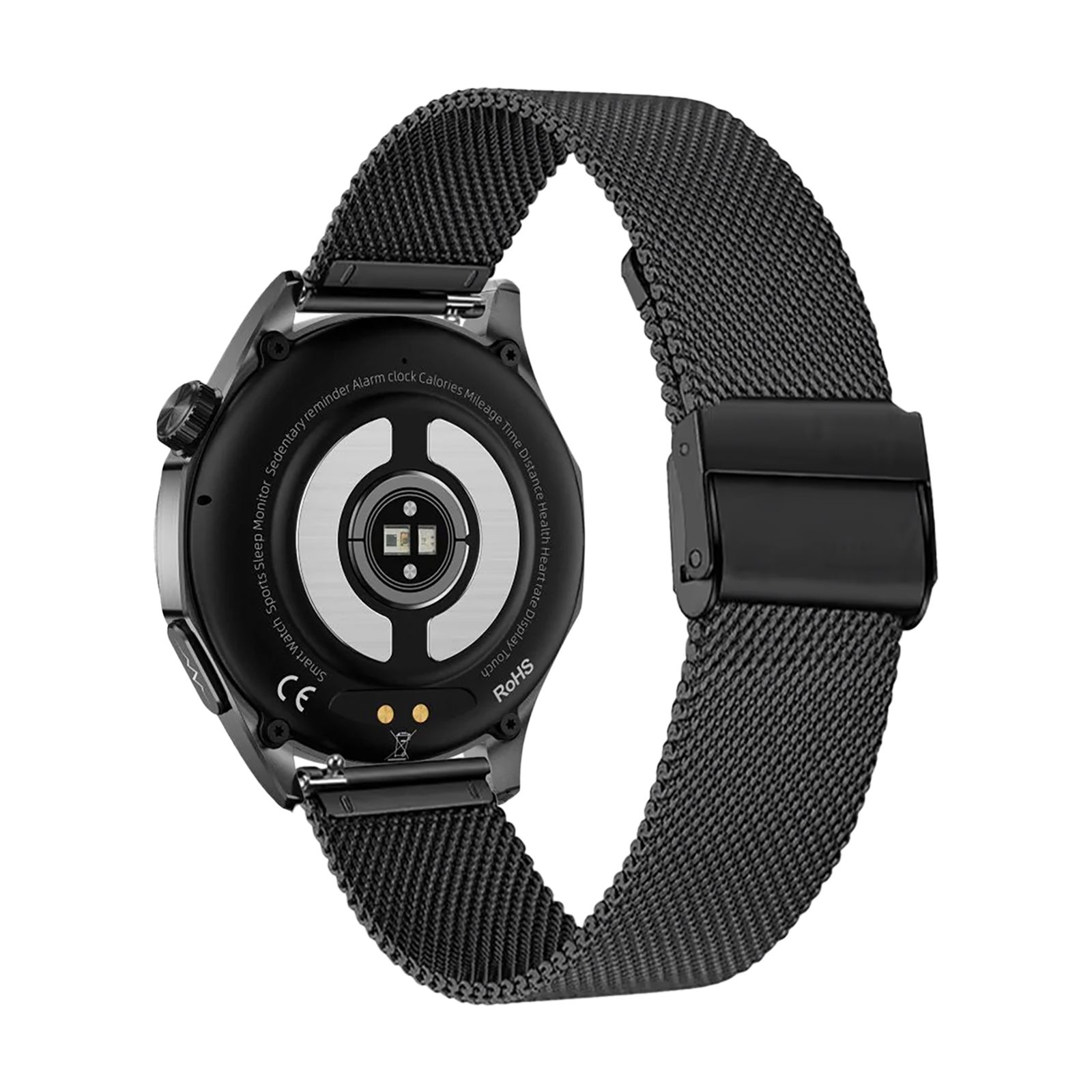 Rückseite einer schwarzen Smartwatch mit Mesh-Armband. Zeigt Sensoren, CE- und RoHS-Kennzeichnungen.