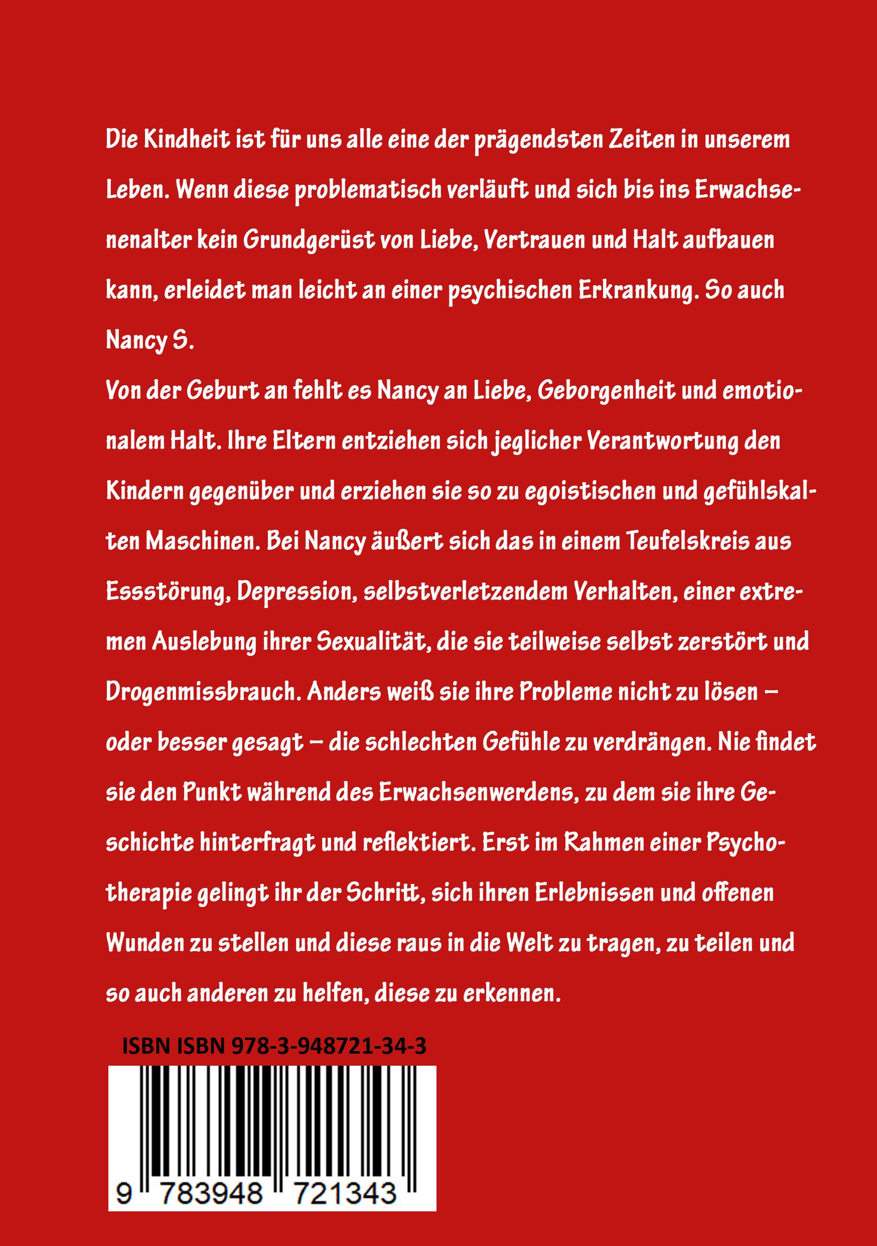 Buchrücken mit Text in Schwarz auf rotem Hintergrund. ISBN-Code und Barcode. Textauszug über Kindheit und psychische Erkrankung.