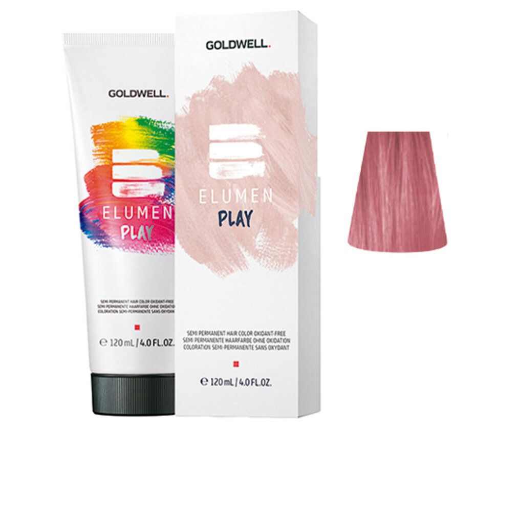 Goldwell Elumen Play Pastel Rose. Tube und Schachtel mit Produktinformationen. Farbprobe in Rosa.