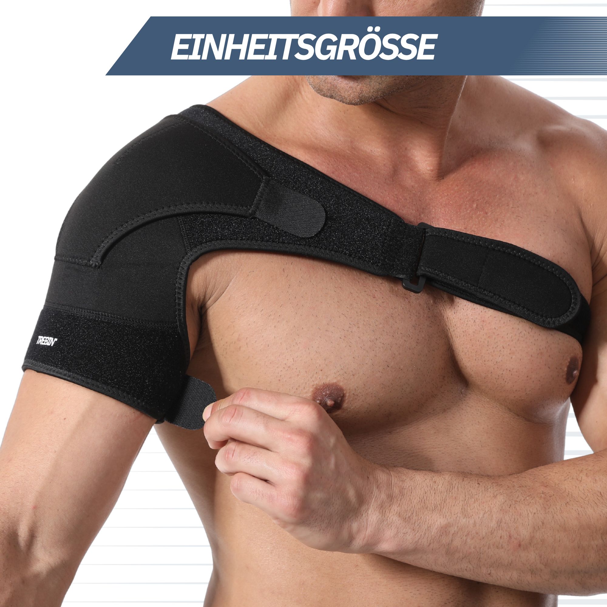 Schulterbandage mit Klettverschluss, die an einem Mann angelegt wird.