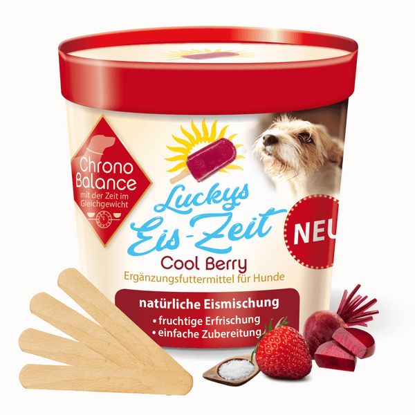 Behälter mit rotem Deckel. Aufschrift: Chrono Balance, Lucky's Eis-Zeit Cool Berry. Mit Erdbeere, Rote Bete, Eisstielen.