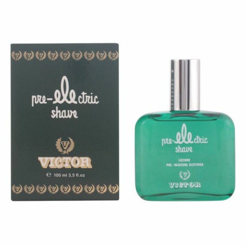 Grüne Flasche und Schachtel mit Aufschrift "pre-electric shave" und "Victor". Flasche mit silbernem Deckel. Schachtel mit goldfarbenen Verzierungen.