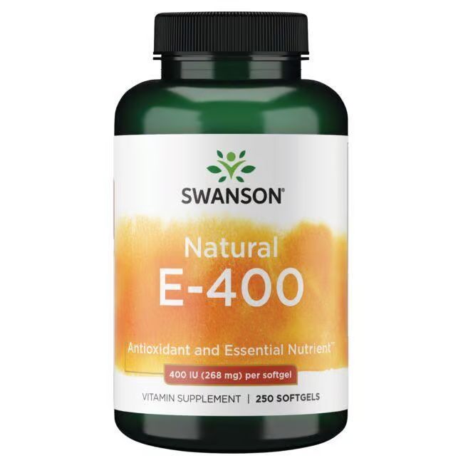 Grüne Flasche mit schwarzem Deckel. Etikett mit "SWANSON", "Natural E-400", und "Vitamin Supplement".