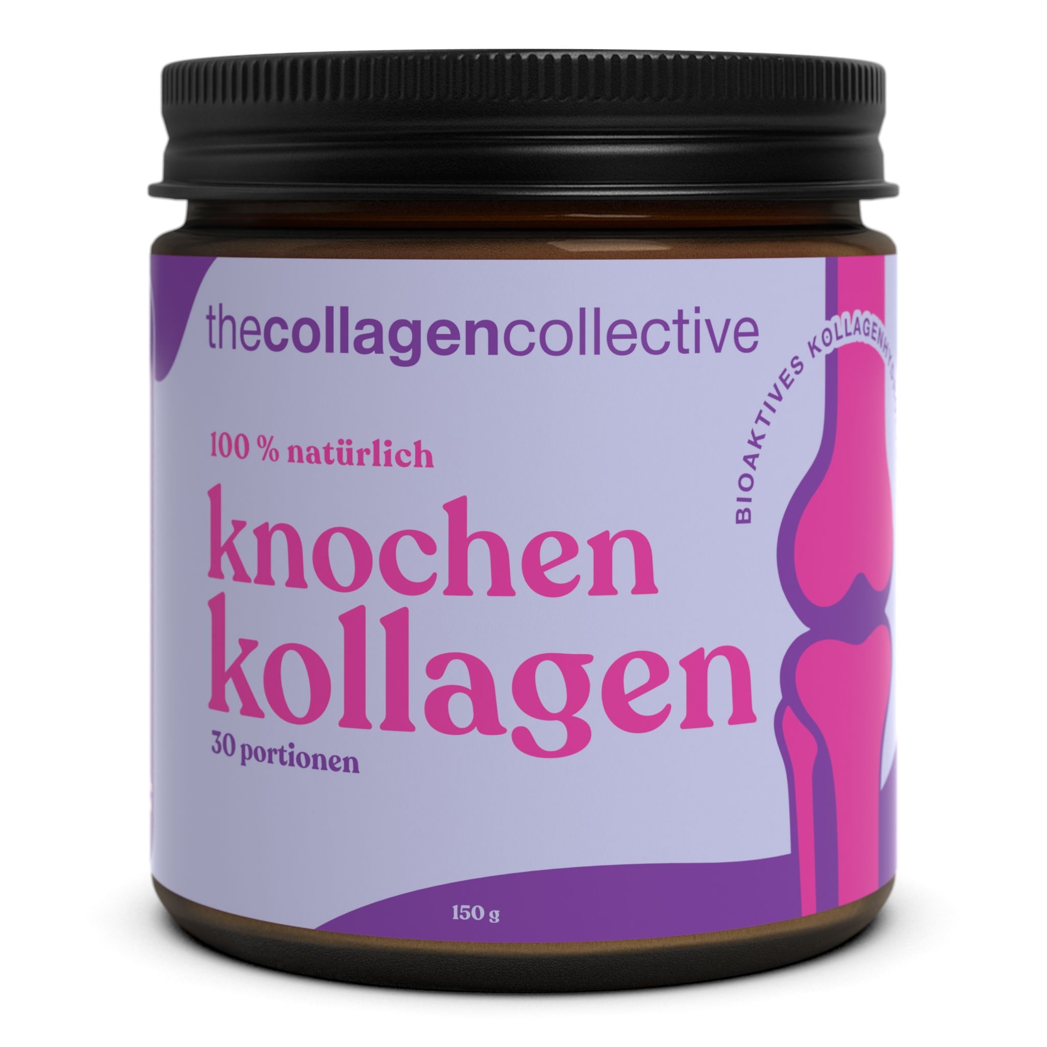 Braune Glasdose mit schwarzem Deckel. Aufschrift: Knochen Kollagen, 100% natürlich, 30 Portionen, 150g. Logo: thecollagencollective.