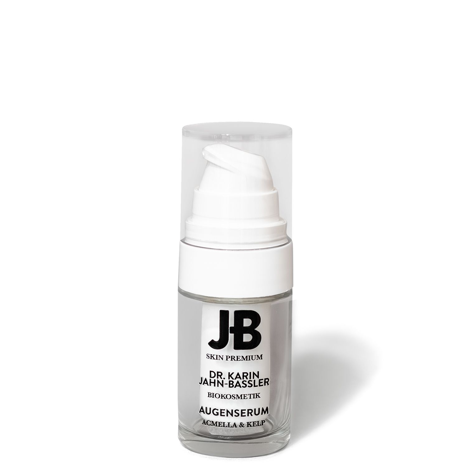Klarer Glasflakon mit weißem Pumpkopf. Aufschrift: JB SKIN PREMIUM, DR. KARIN JAHN-BASSLER, BIOKOSMETIK, AUGENSERUM, ACMELLA & KELP.