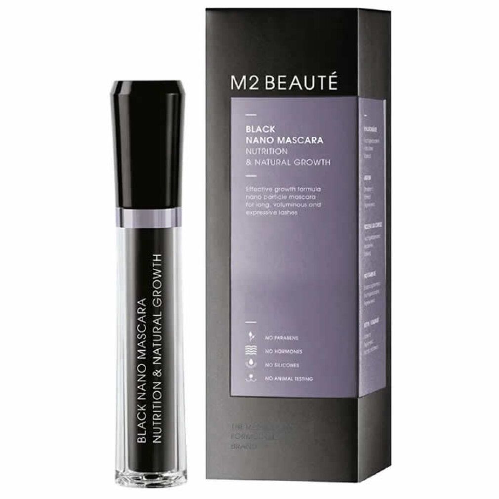 Mascara-Tube und Schachtel. Auf der Schachtel steht "M2 BEAUTÉ BLACK NANO MASCARA".