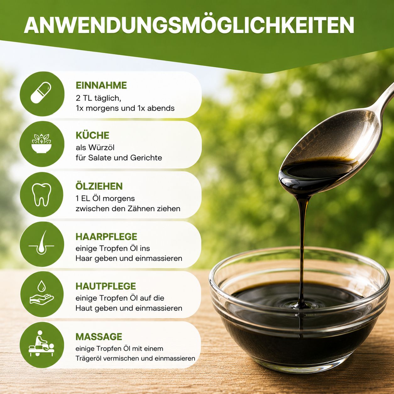 Löffel mit dunklem Öl über einer Glasschale, daneben Infografik zu Anwendungsmöglichkeiten.