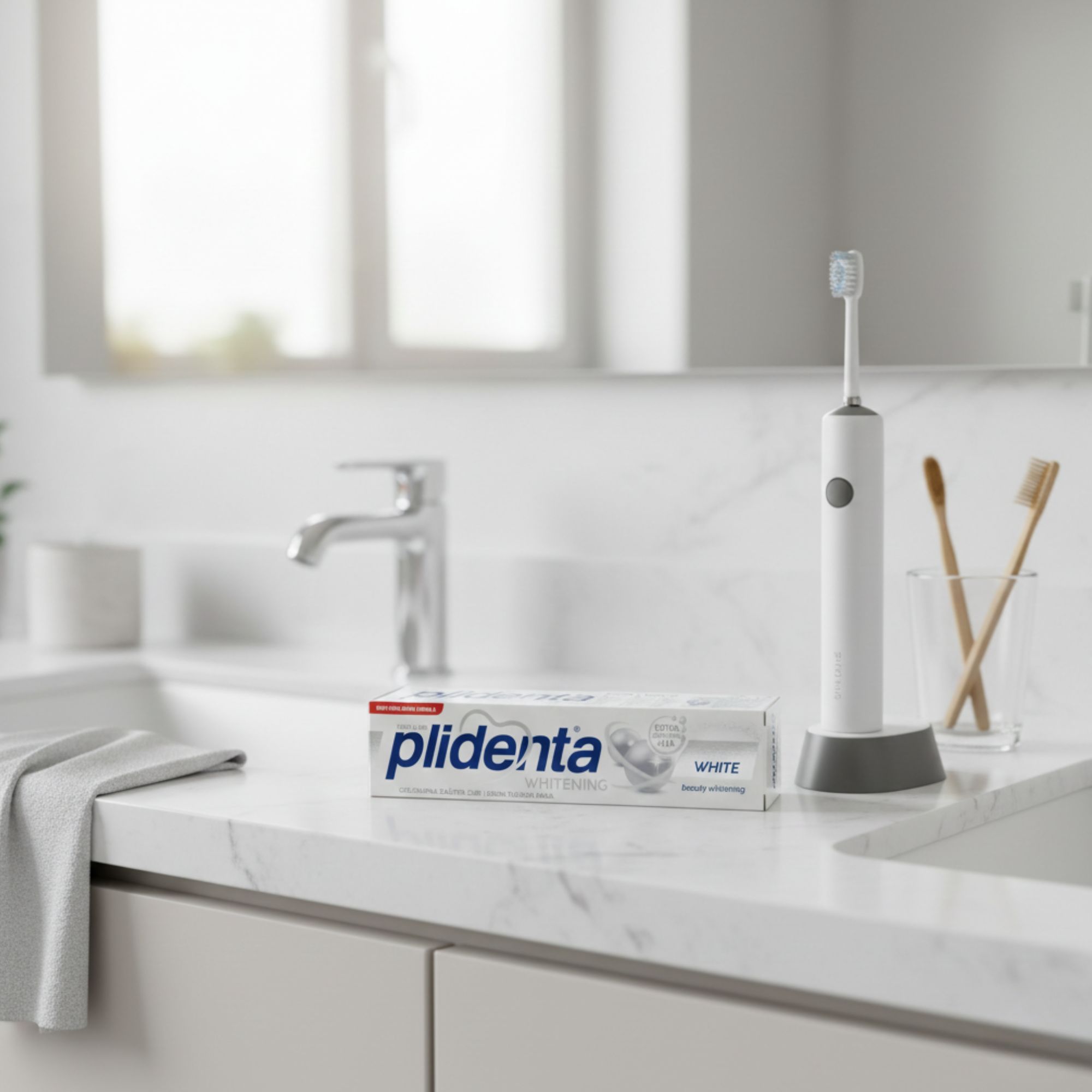 Zahnpasta neben elektrischer Zahnbürste auf Waschbecken. Produktname: Plidenta Total White. Spiegel im Hintergrund.