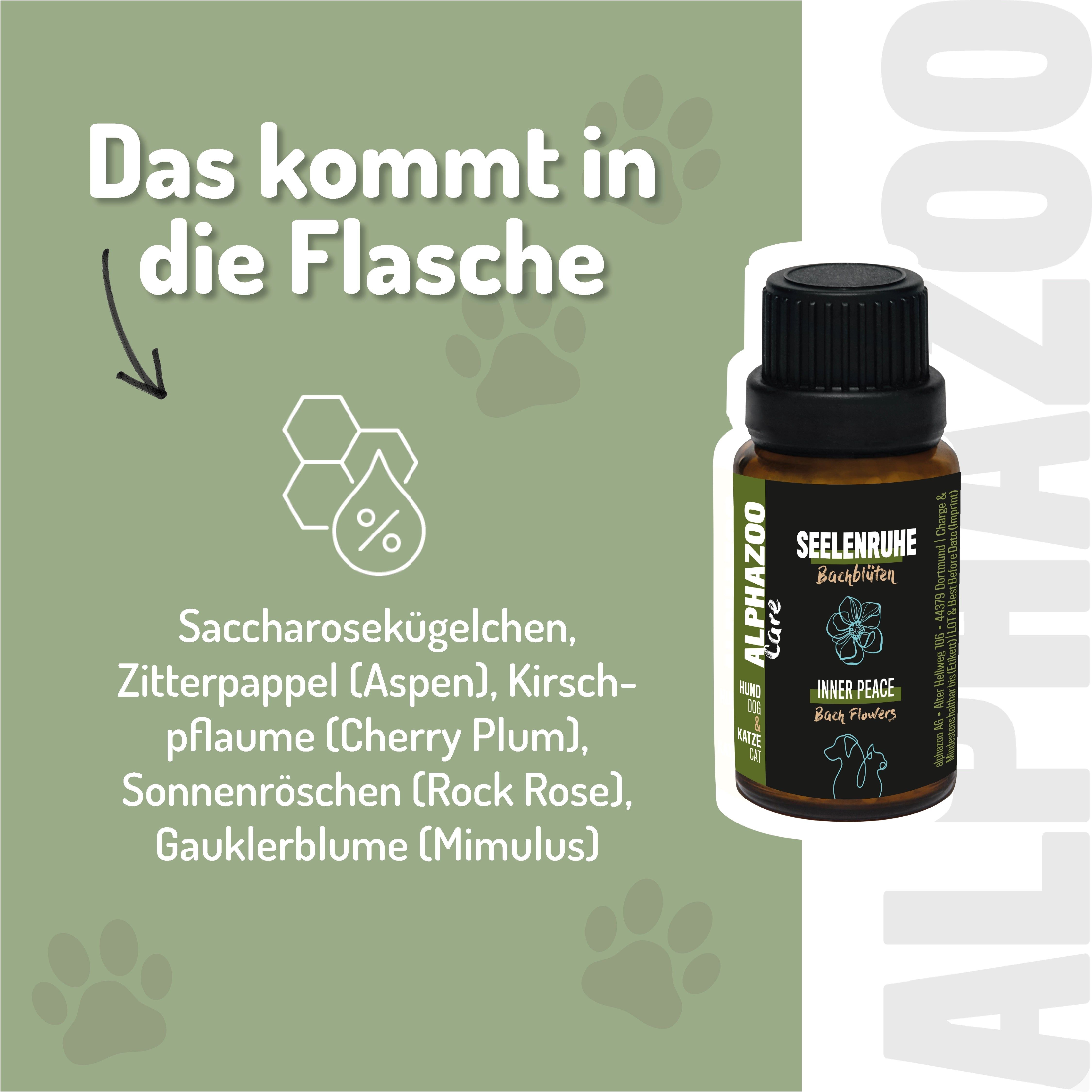 Produktflasche mit Inhaltsstoffen: Saccharosekügelchen, Zitterpappel, Kirschpflaume, Sonnenröschen, Gauklerblume. Text: ALPHAZOO Care, Seelenruhe.
