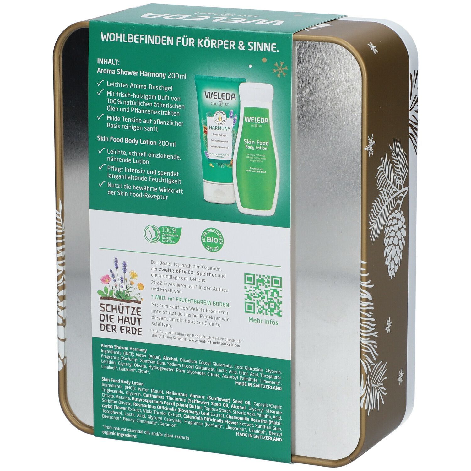 Rückseite der Geschenkset-Box. Enthält zwei Produkte. Text: Wohlbefinden für Körper & Sinne. QR-Code und Bio-Siegel.