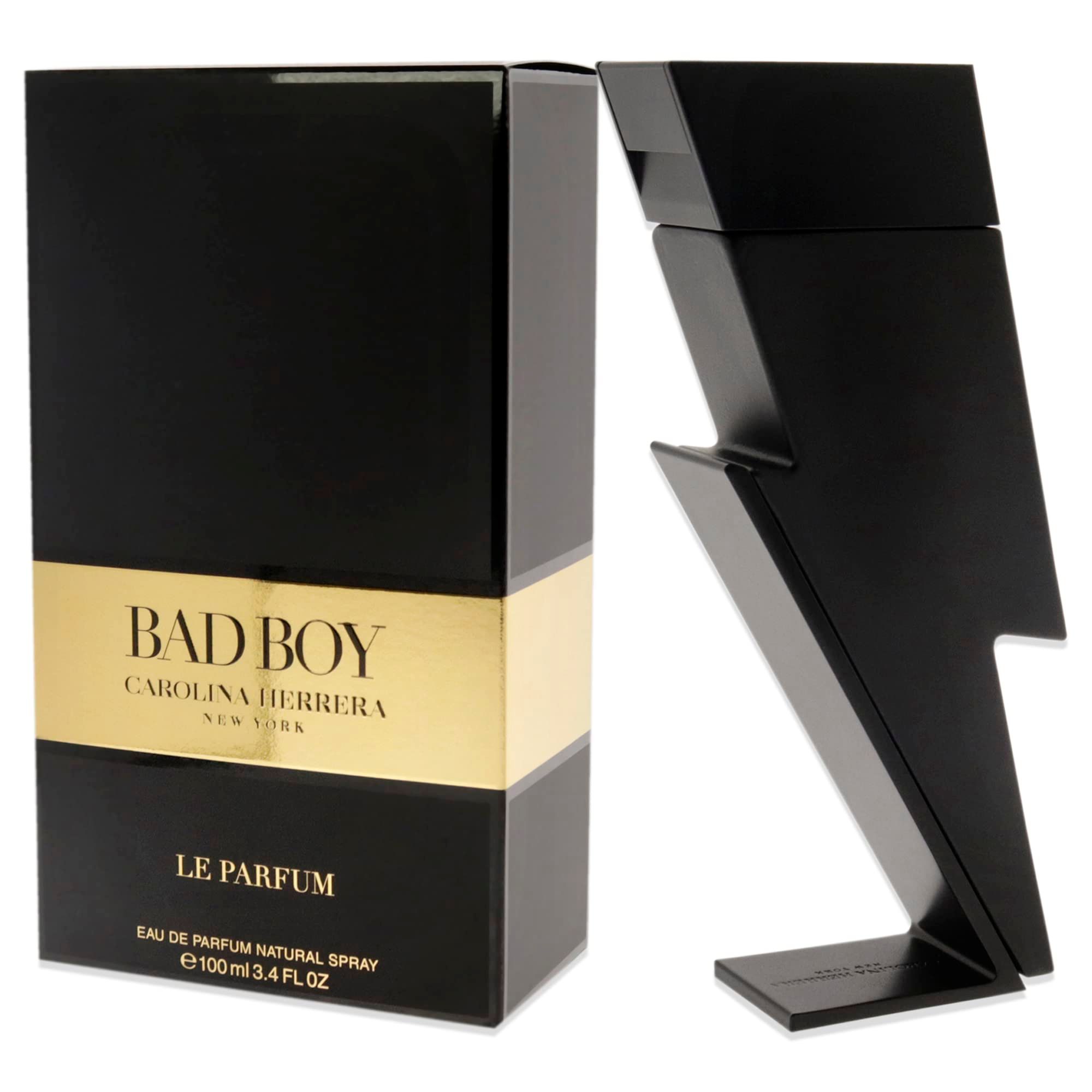 Schwarzer Flakon in Blitzform und schwarze Verpackung. Aufschrift: BAD BOY CAROLINA HERRERA LE PARFUM.