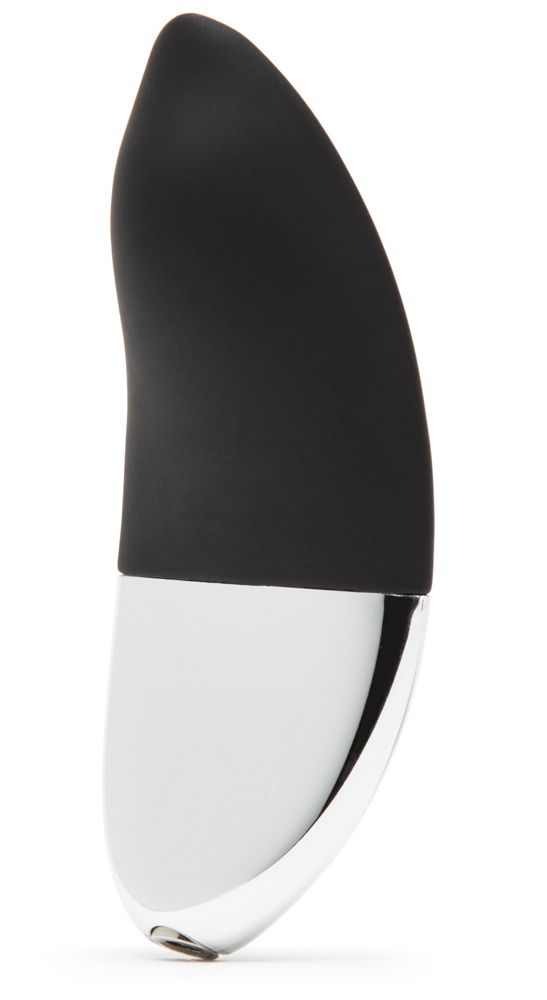 Schwarzer Vibrator mit silberfarbenem Ende. Glatte Oberfläche. Ergonomische Form. Teilweise silberfarben.