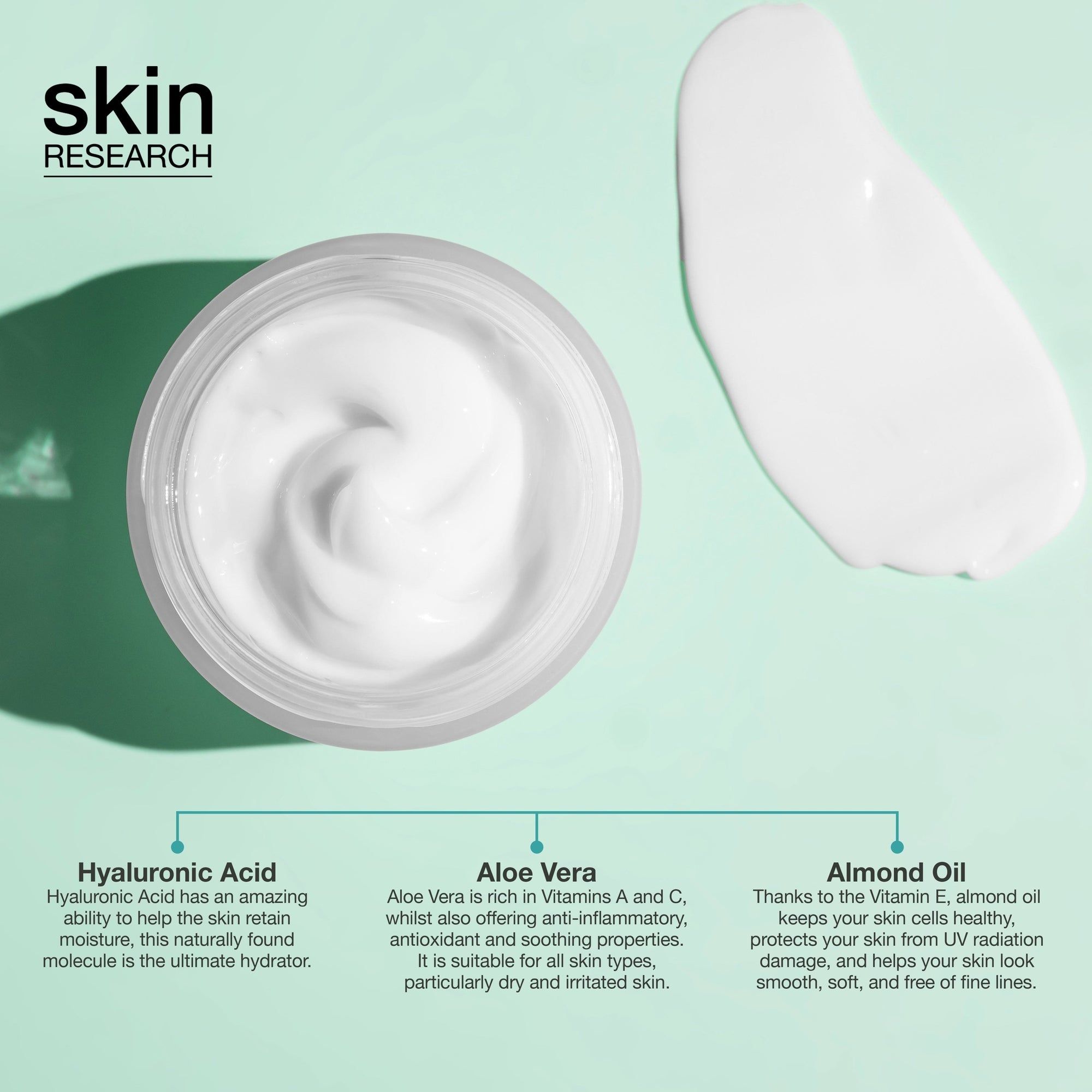 Geöffnete Creme-Dose mit Creme. Daneben ein Klecks Creme. Text: Inhaltsstoffe und Eigenschaften. Marke: skin RESEARCH.