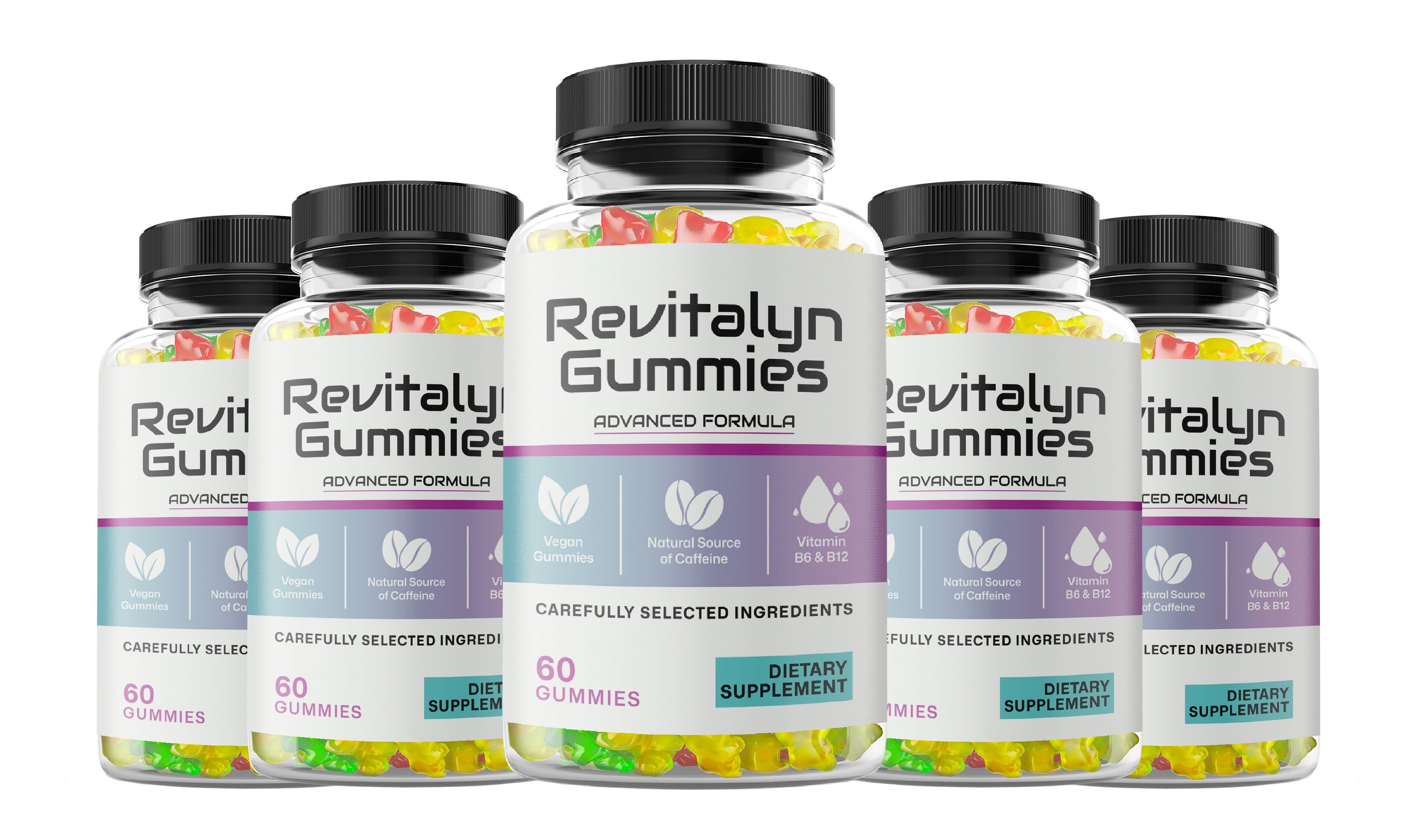 Fünf Flaschen Revitalyn Gummies, 60 Stück pro Flasche, mit sorgfältig ausgewählten Inhaltsstoffen.