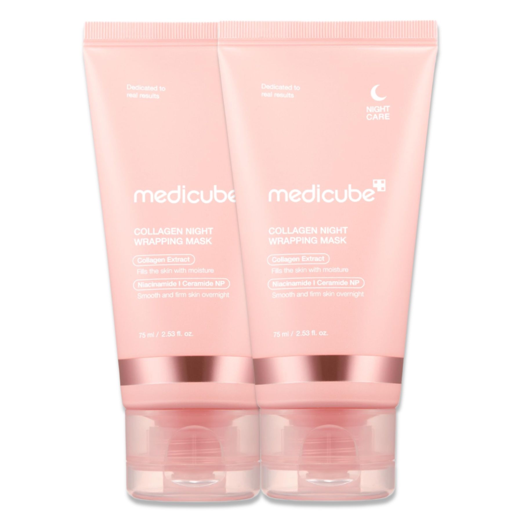 Zwei rosa Tuben mit "medicube"-Logo und Produktnamen. Klare Kappe, rosa Schrift. "Collagen Night Wrapping Mask".