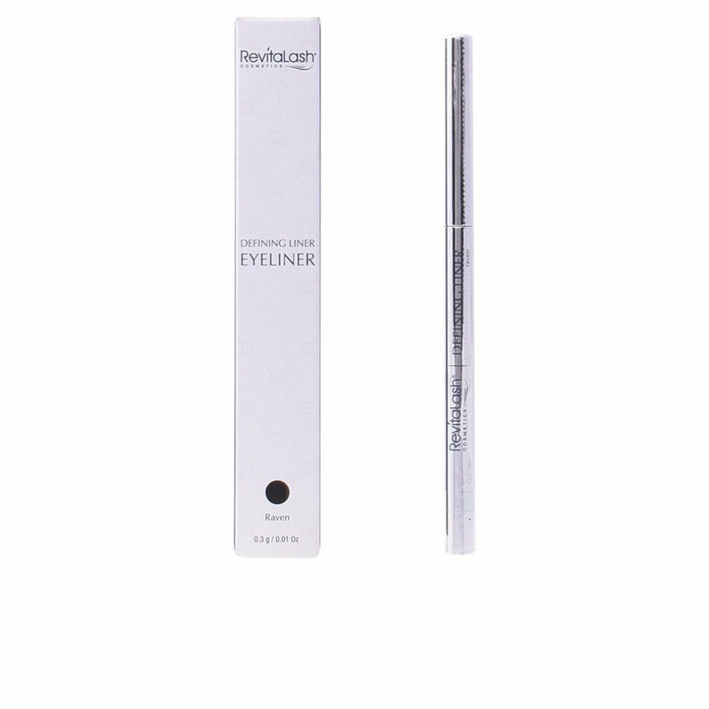 Eyeliner und Verpackung. Weißer Karton mit Produktname und Marke. Schwarzer Eyeliner-Stift daneben.