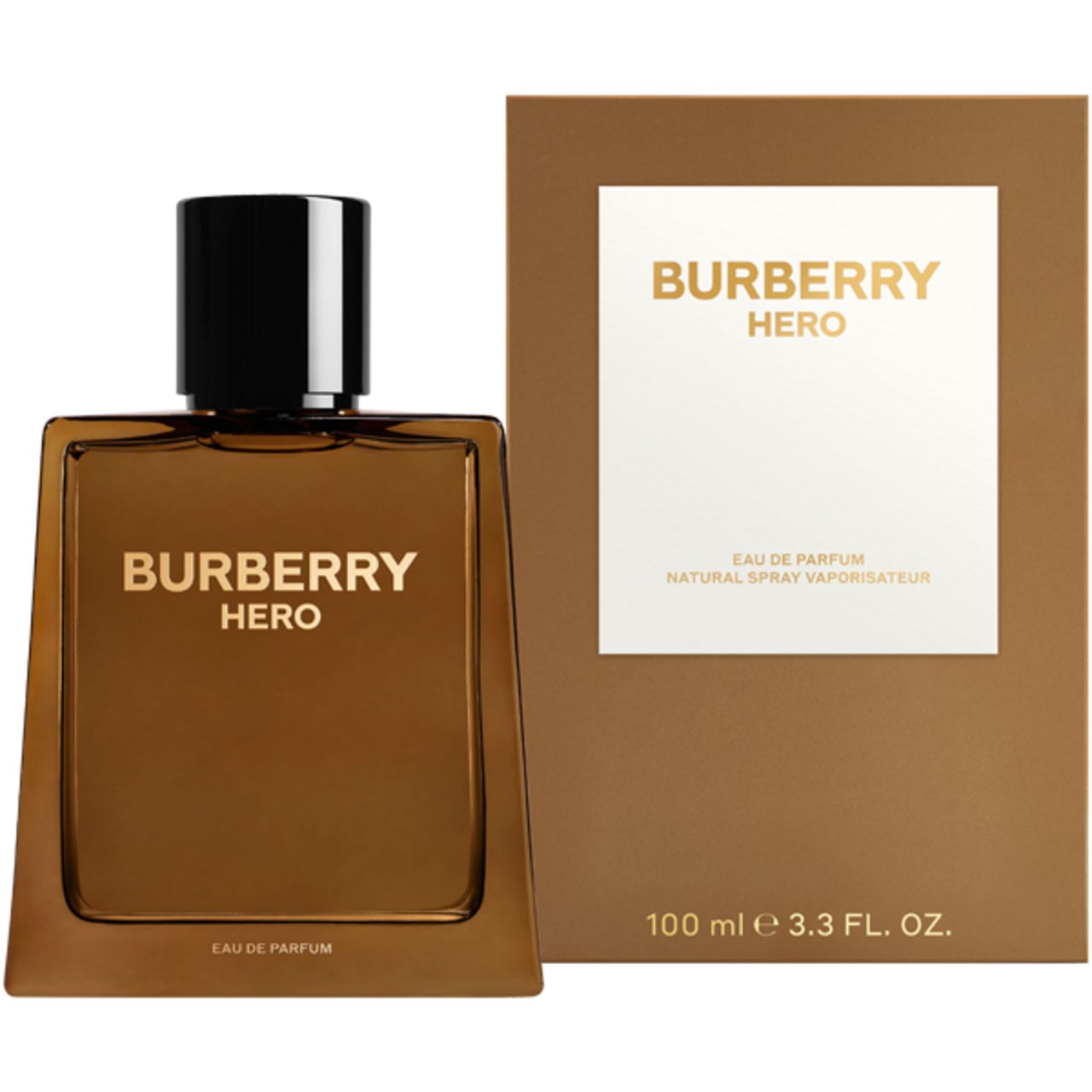 Burberry Hero E.d.P. Nat. Spray. Flakon und Verpackung. Brauner Flakon, schwarzer Deckel. Goldener Schriftzug. 100 ml.