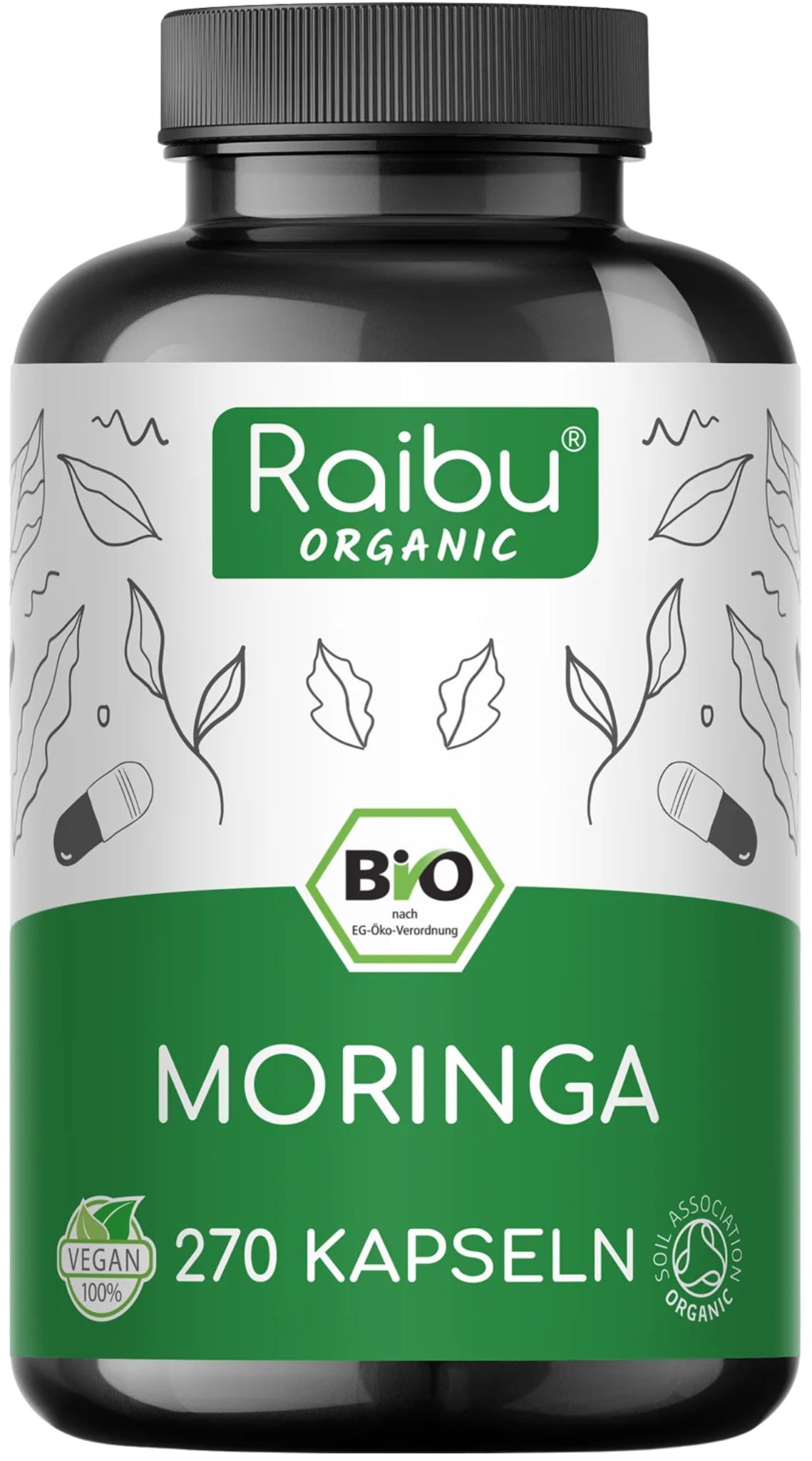 Bio Moringa Kapseln hochdosiert 2400 mg - vegane, laborgeprüft, glutenfrei & laktosefrei - RAIBU