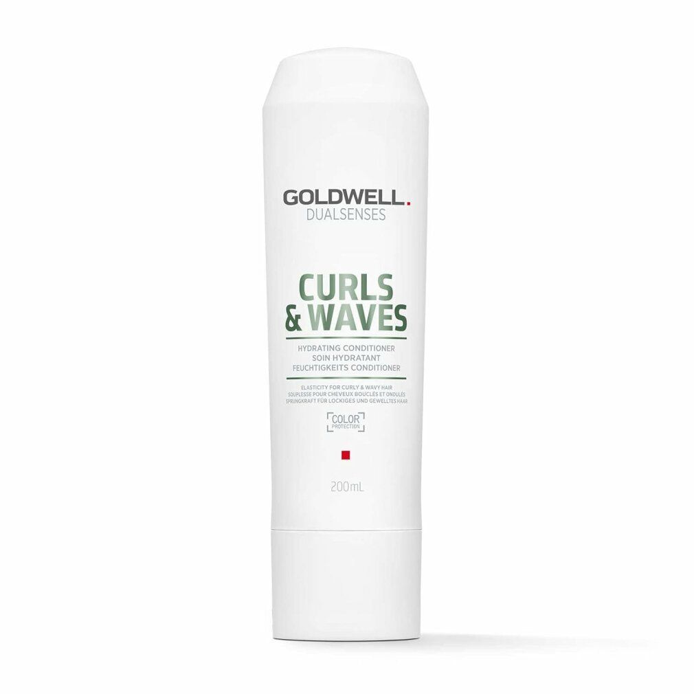 Weiße Flasche mit Goldwell Dualsenses Curls & Waves Aufschrift. Hydrating Conditioner. Roter Punkt unten.