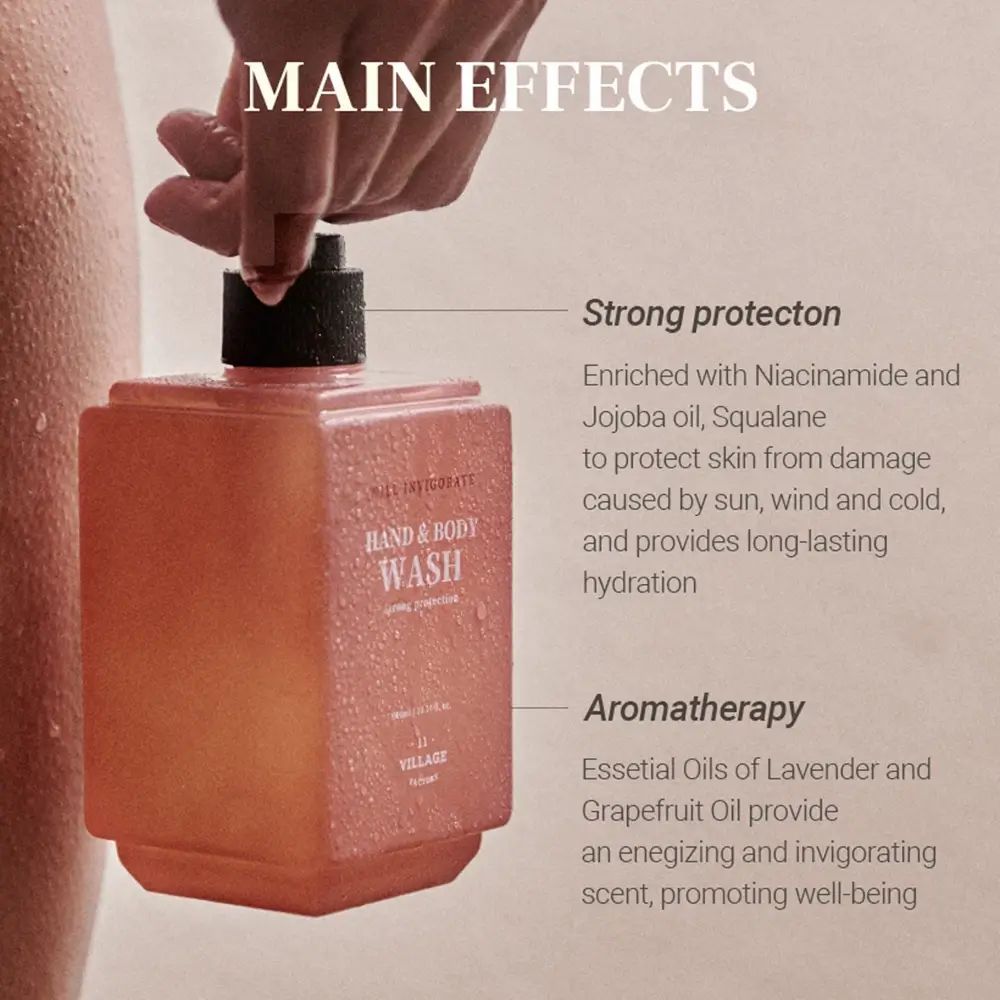 Produkt-Infografik. Text: Main Effects, Strong protection, Aromatherapy. Inhaltsstoffe und Vorteile des Produkts.