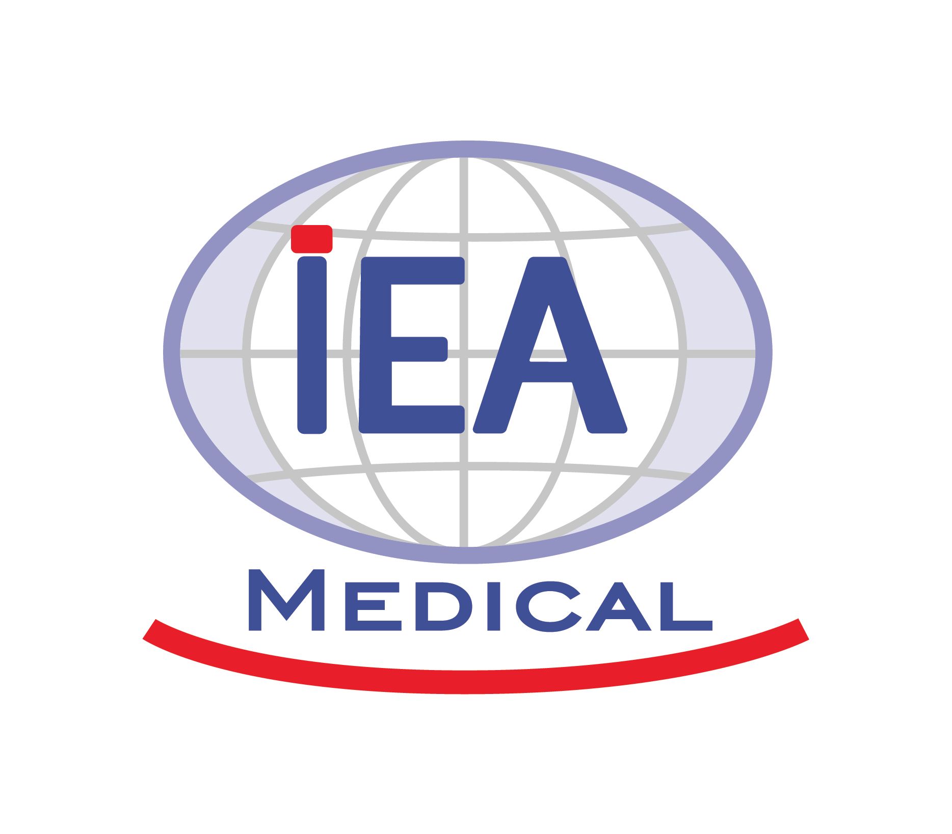 Logo IEA MEDICAL. Blauer Globus mit rotem Punkt und Schriftzug IEA. Darunter MEDICAL in blauer Schrift.