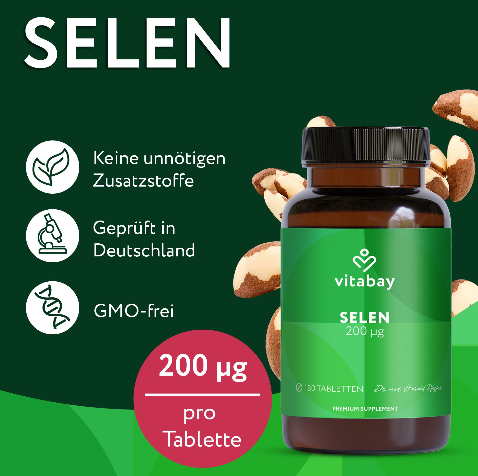 Vitabay Selen 200 µg pro Tablette, geprüft in Deutschland, GMO-frei.