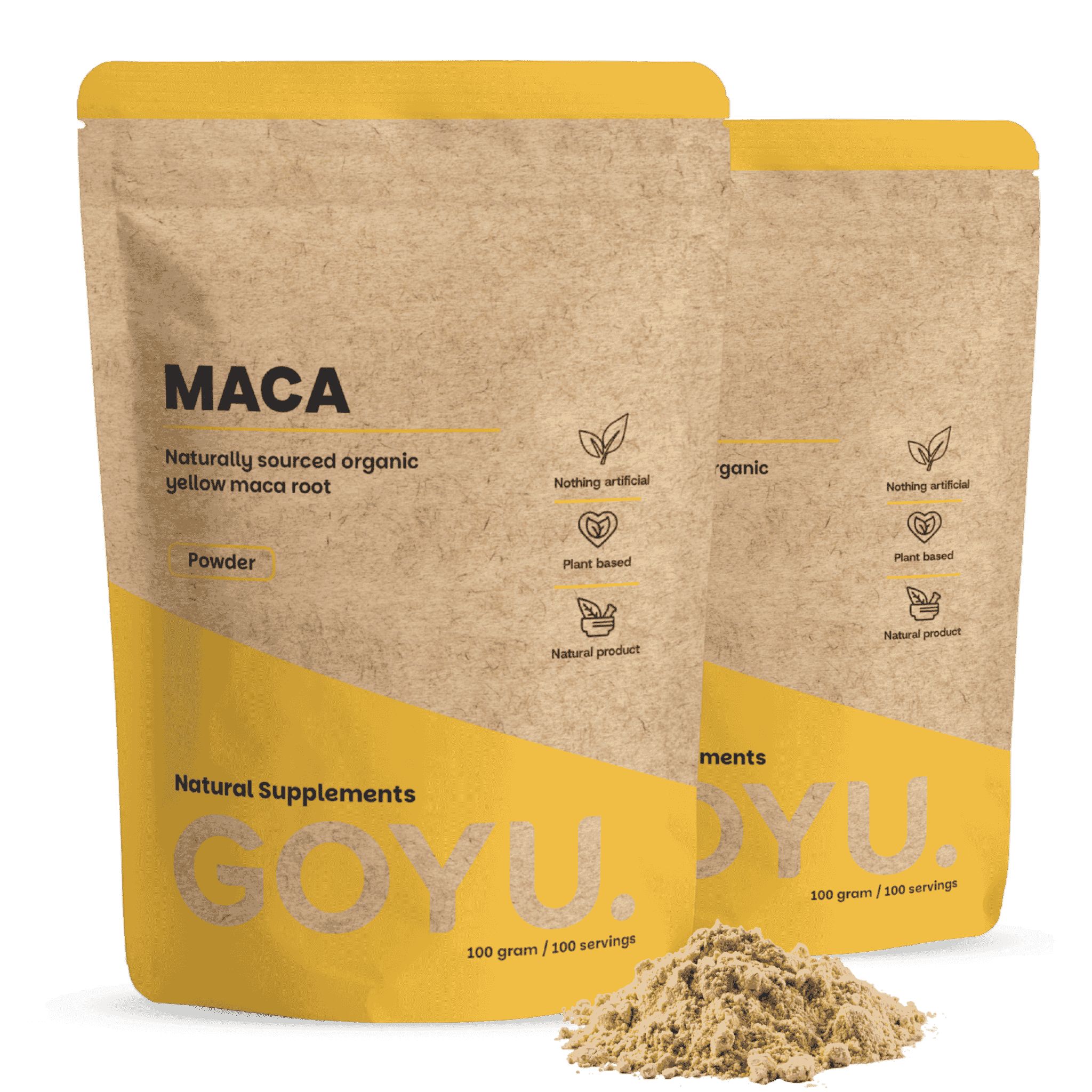 Zwei Packungen Maca-Pulver von GOYU, 100g pro Packung. Natürliche Nahrungsergänzungsmittel.