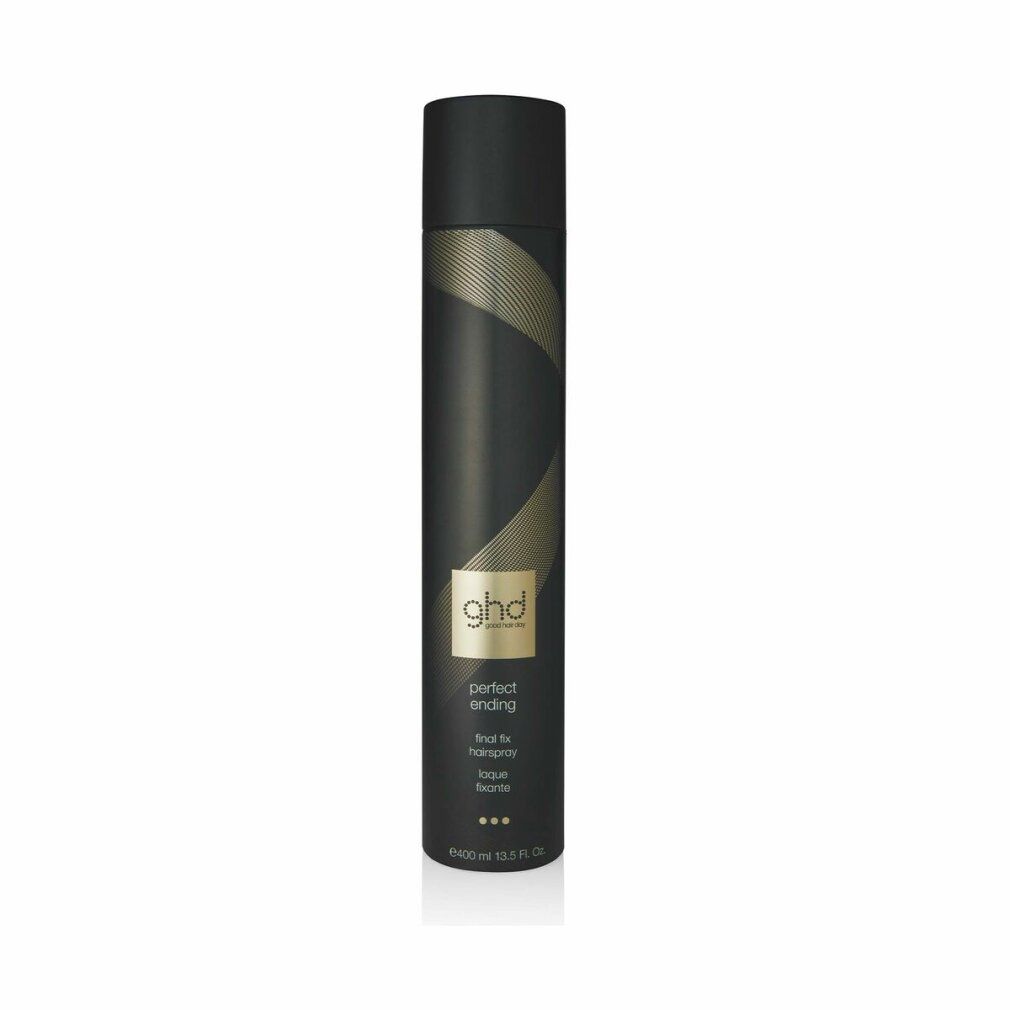Schwarze Haarspray-Dose mit goldfarbenem "ghd" Logo und "perfect ending final fix hairspray".