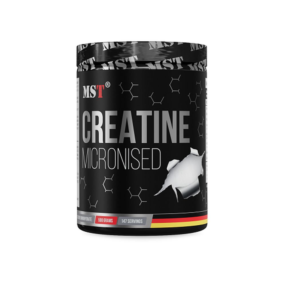 Schwarze Dose mit "MST Creatine Micronized"-Aufdruck. Enthält 500g Pulver. Deutscher Flaggenstreifen am Boden.