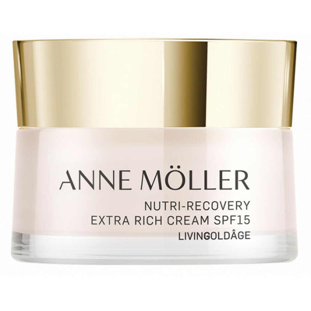 Creme-Tiegel mit goldfarbenem Deckel. Aufschrift: ANNE MÖLLER, NUTRI-RECOVERY, EXTRA RICH CREAM SPF15, LIVINGOLDÂGE.