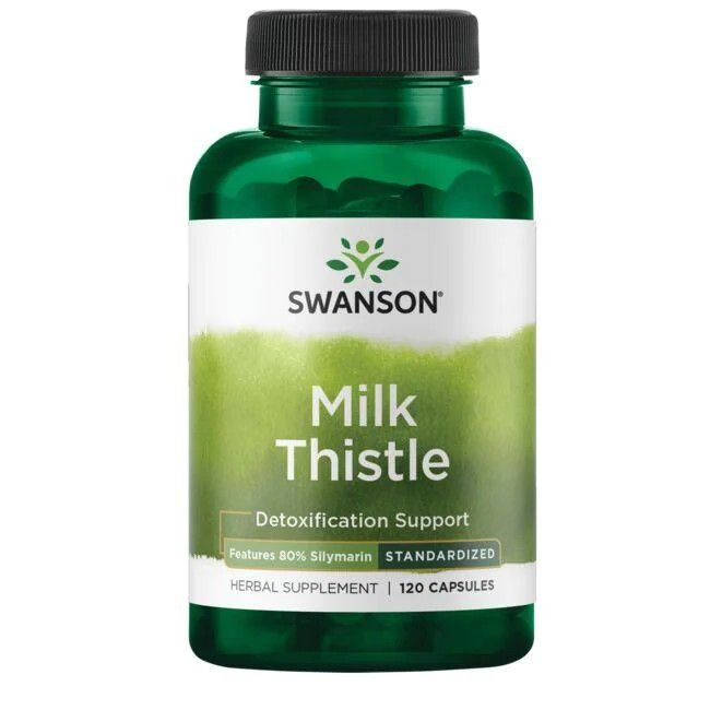 Grüne Flasche mit weißem Etikett. Aufschrift: SWANSON, Milk Thistle, Detoxification Support, 120 Kapseln.