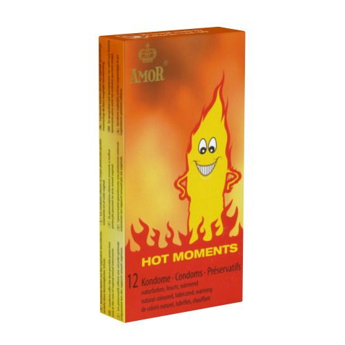 Verpackung mit Kondomen. Aufschrift: Amor, Hot Moments, 12 Kondome. Abbildung einer Flamme mit Gesicht.