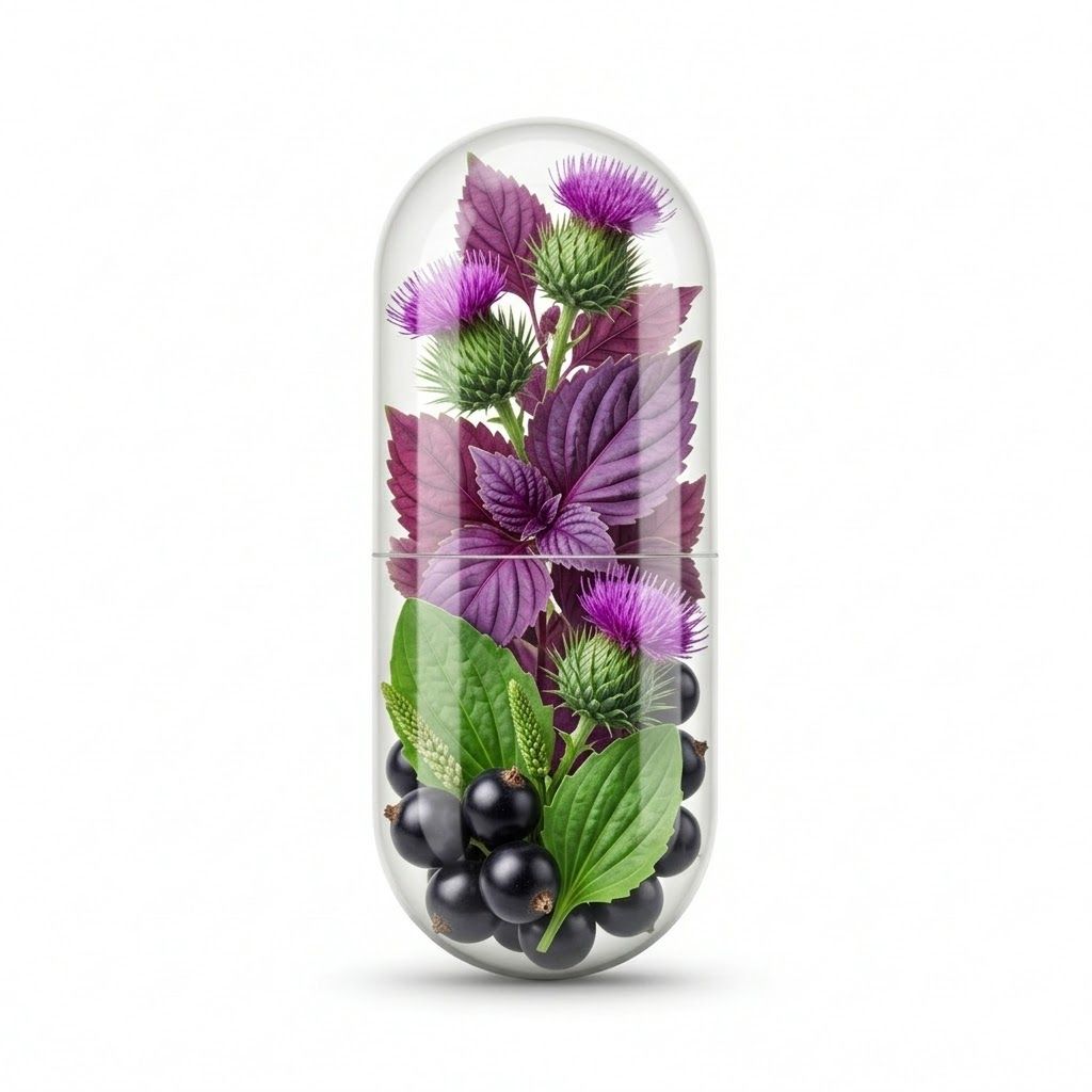 Transparente Kapsel mit Pflanzen: Distel, Basilikum, Johannisbeeren. Innenansicht.