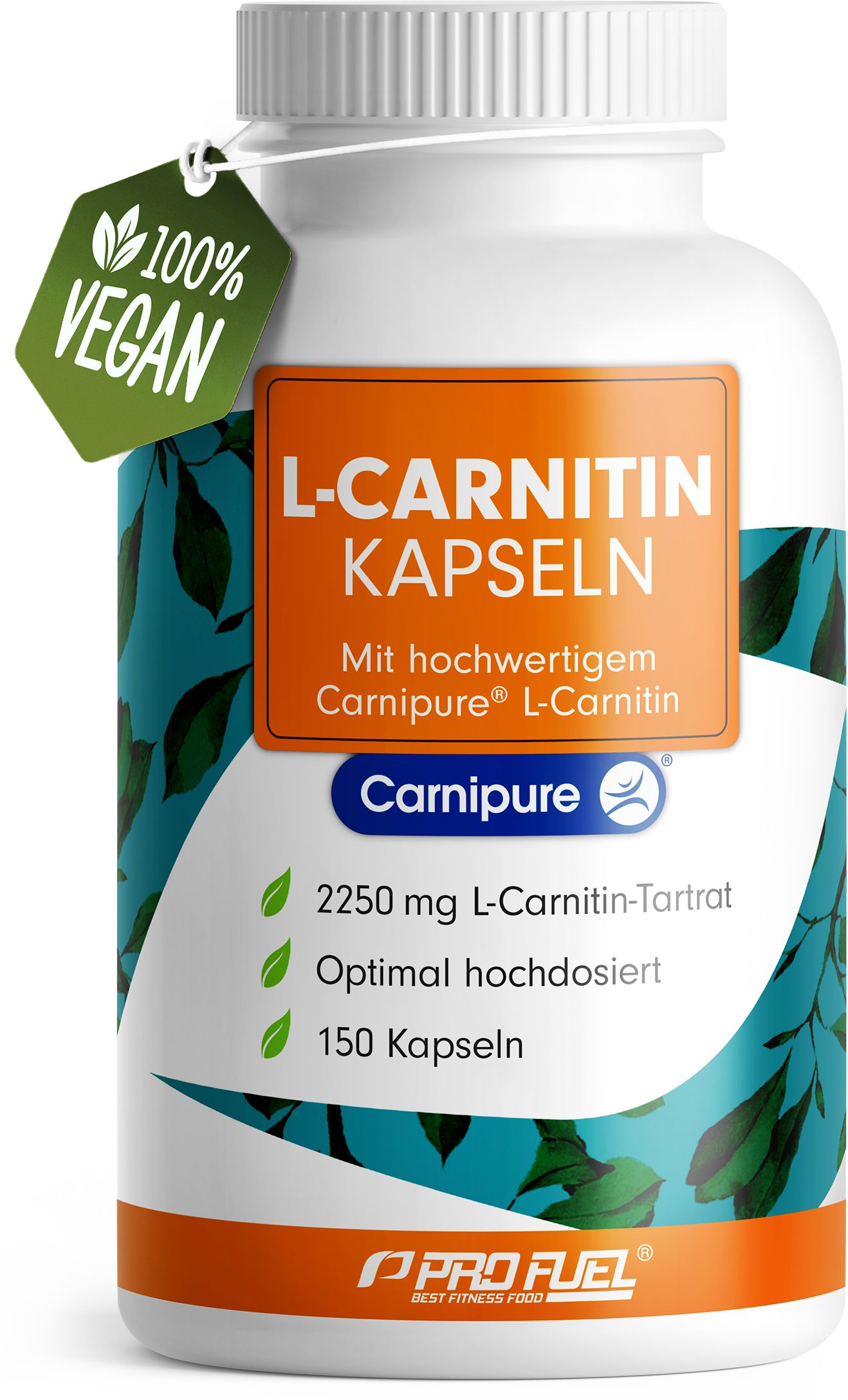 Weiße Dose mit L-Carnitin Kapseln, 150 Stück. Mit 100% Vegan Siegel.