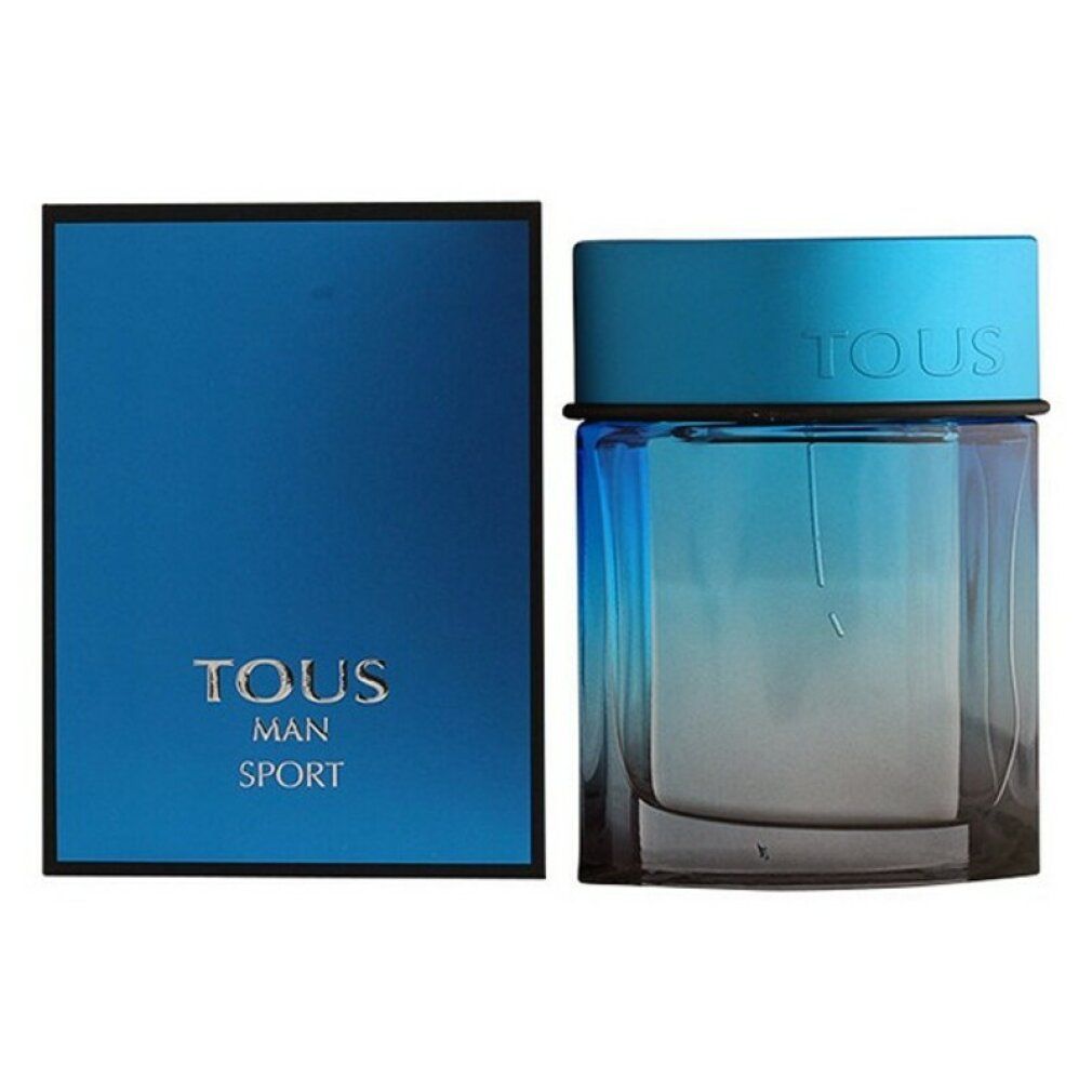 Blau-transparenter Flakon mit blauem Deckel und schwarzer Umrandung. Daneben eine blaue Schachtel mit weißer Schrift.