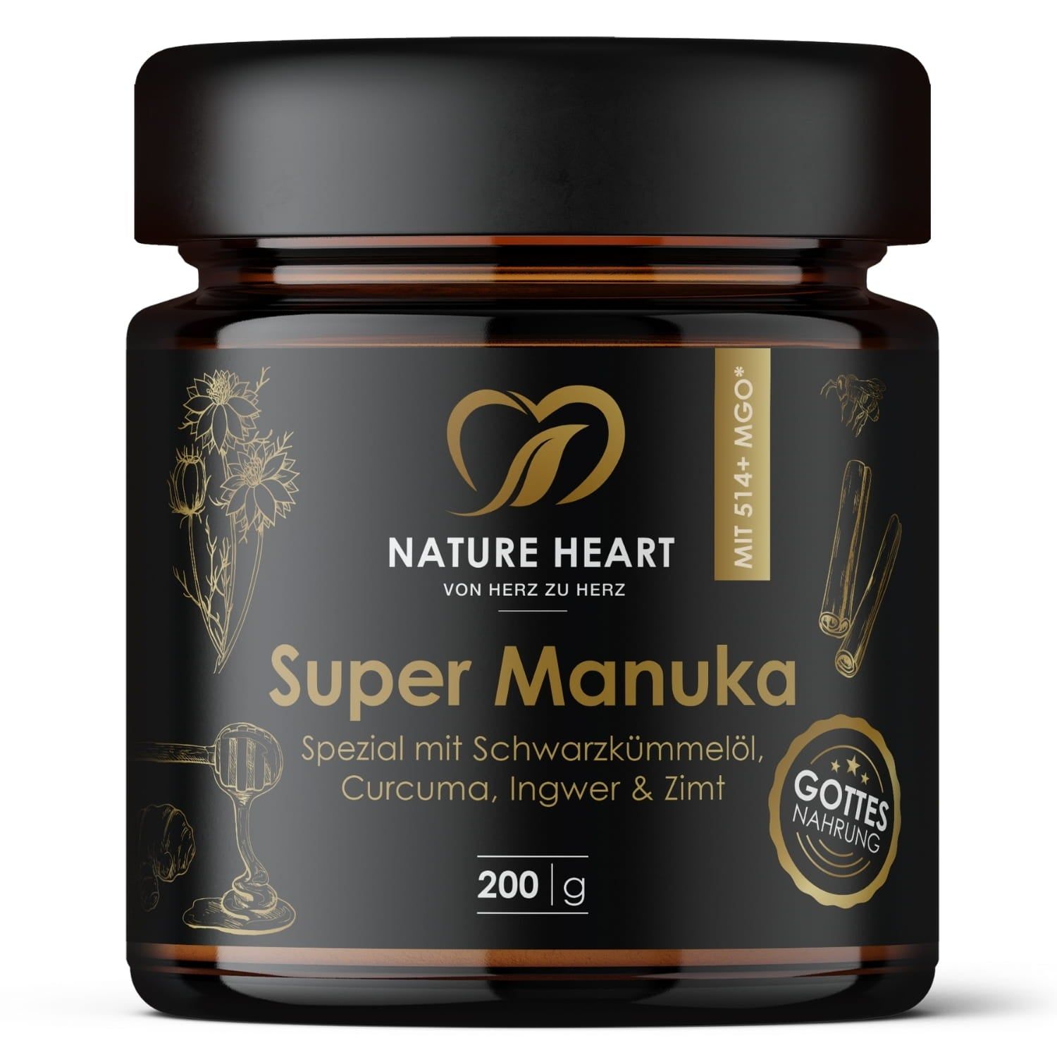 Braunes Glas mit schwarzem Deckel. Aufschrift: Nature Heart Super Manuka, 200g. Mit Schwarzkümmelöl, Curcuma, Ingwer & Zimt.