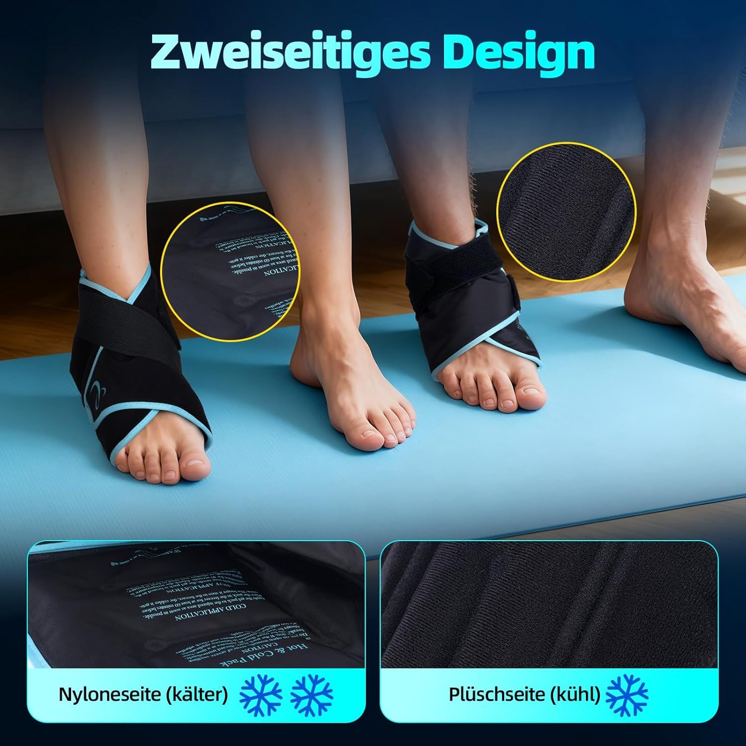 Frau mit blauer Handgelenk-Kühlbandage, die den Unterarm bedeckt.