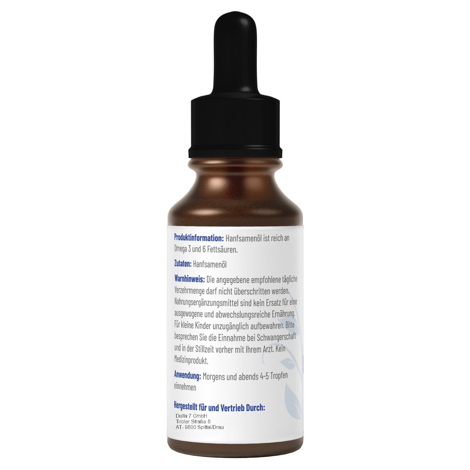 Braune Flasche mit schwarzem Tropfer. Rückseite mit Text: Produktinformationen, Warnhinweise, Anwendung. Text in Deutsch.