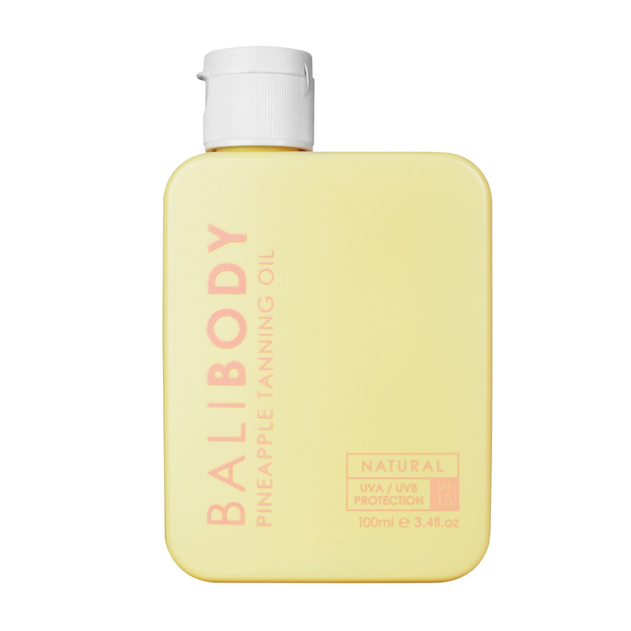 Gelbe Flasche mit weißem Verschluss. Aufschrift: BALI BODY, Pineapple Tanning Oil. Mit UV-Schutz-Logo.