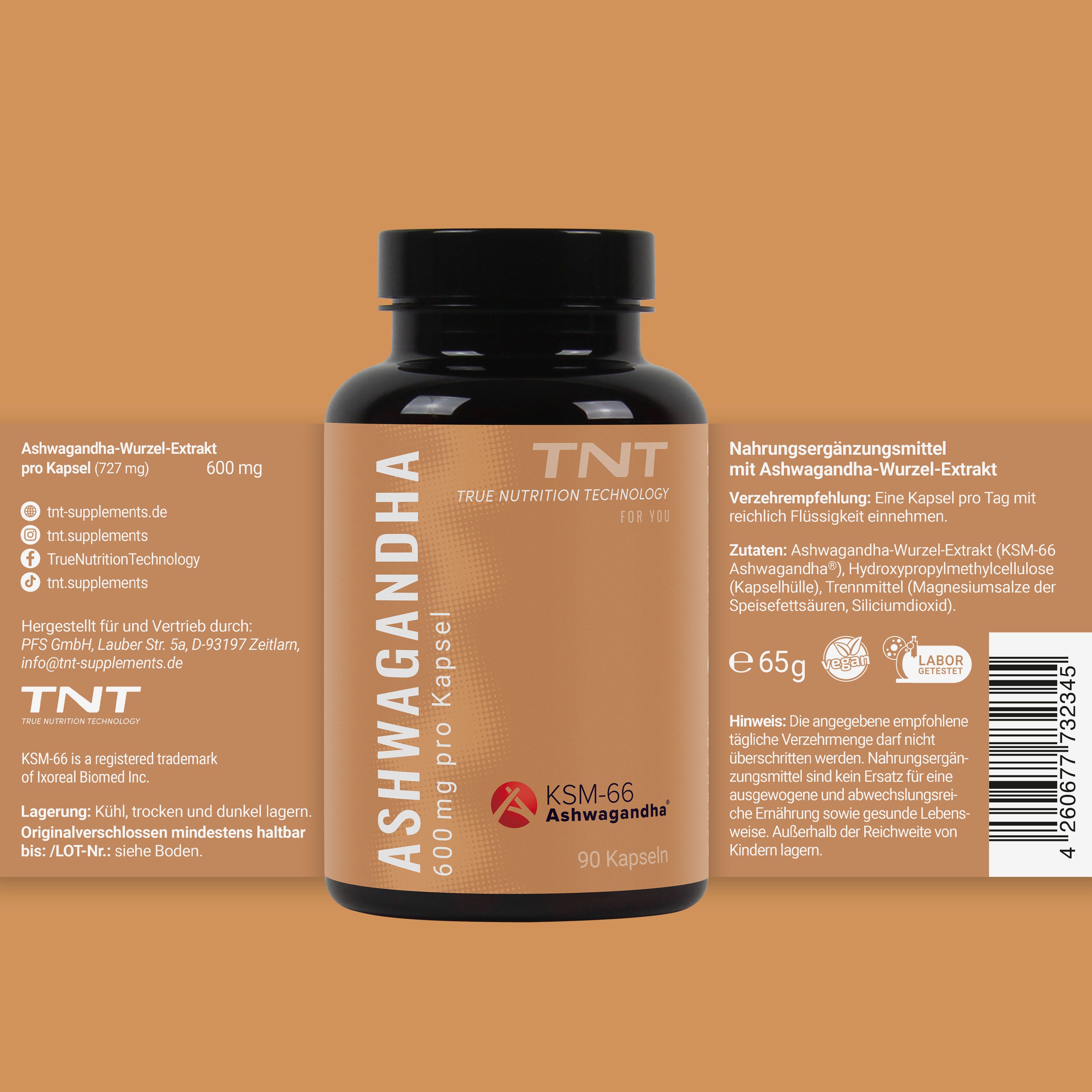 Braune Flasche mit Ashwagandha. Aufschrift: 600mg pro Kapsel, KSM-66, 90 Kapseln. Zusätzliche Informationen.