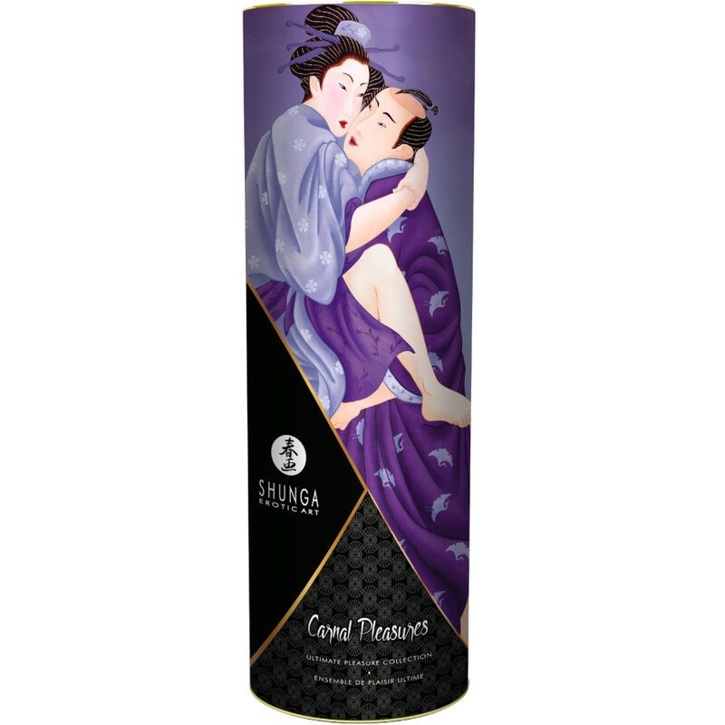 Zylindrische Verpackung mit Illustration eines Paares. Text: Shunga, Carnal Pleasures.