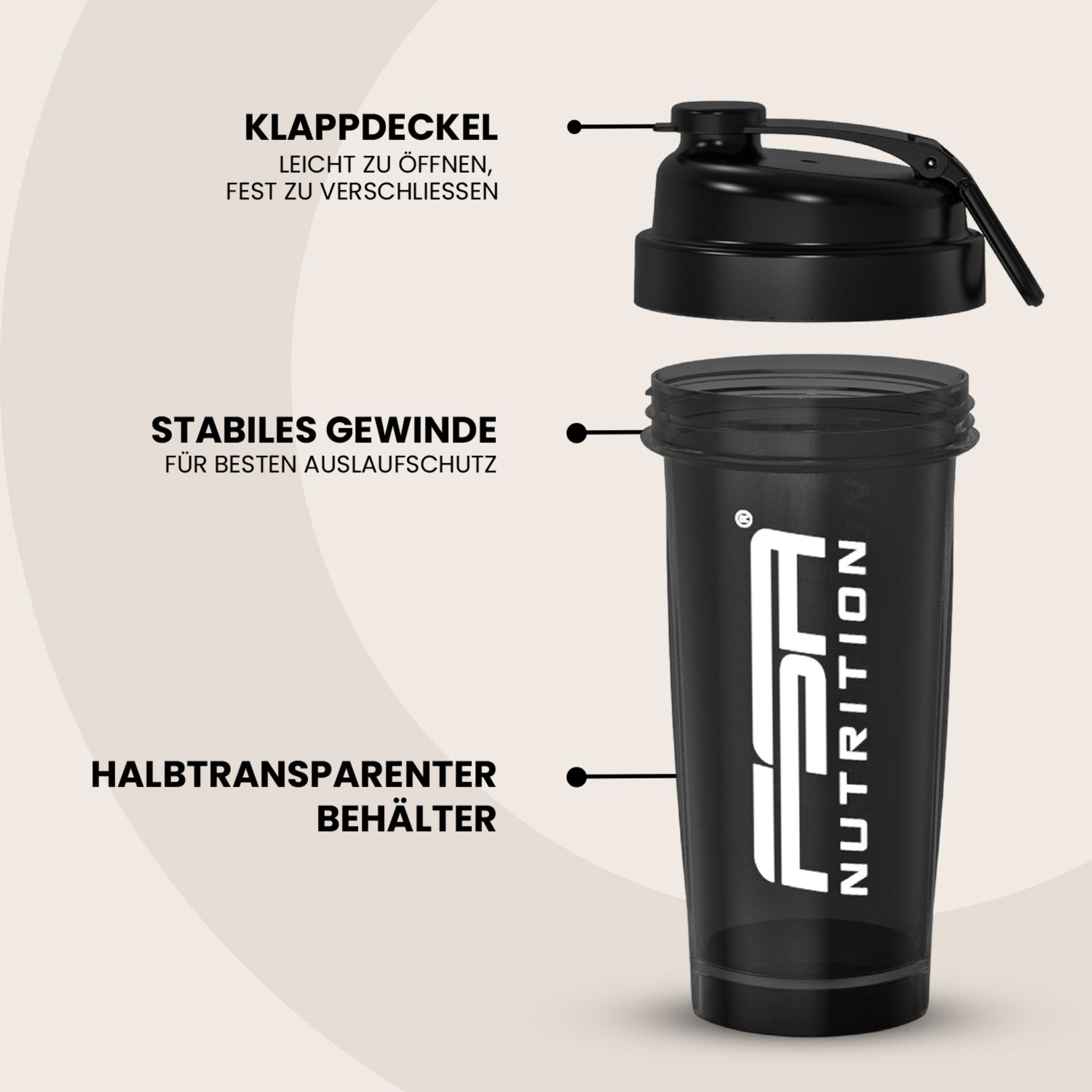 Schwarzer Shaker, halbtransparenter Behälter, stabiles Gewinde, Klappdeckel. FSA Nutrition Logo. Produktansicht mit Beschriftungen.