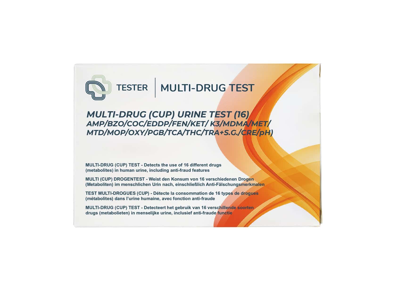Packung eines Multi-Drug (Cup) Urin-Tests für 16 verschiedene Drogen.