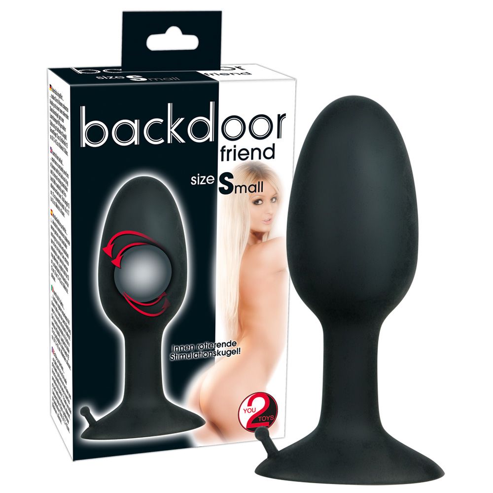 Backdoor Friend Analplug, Größe S, auf Verpackung mit Produktabbildung.