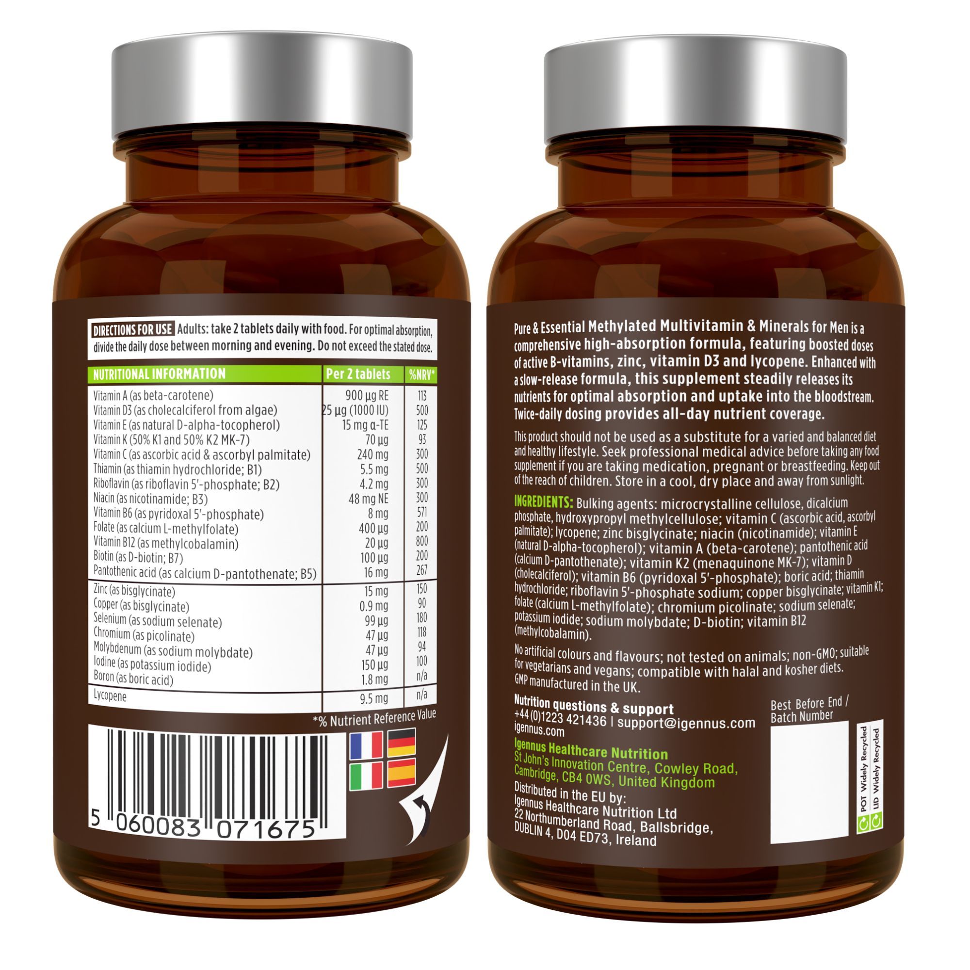 Rückseite der Igennus Multivitamin für Männer Flasche mit Nährwertinformationen.