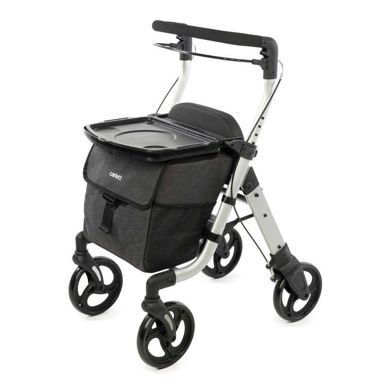 Rollator Carlett LETT Walk mit Sitz, Tablett und abnehmbarer Tasche.