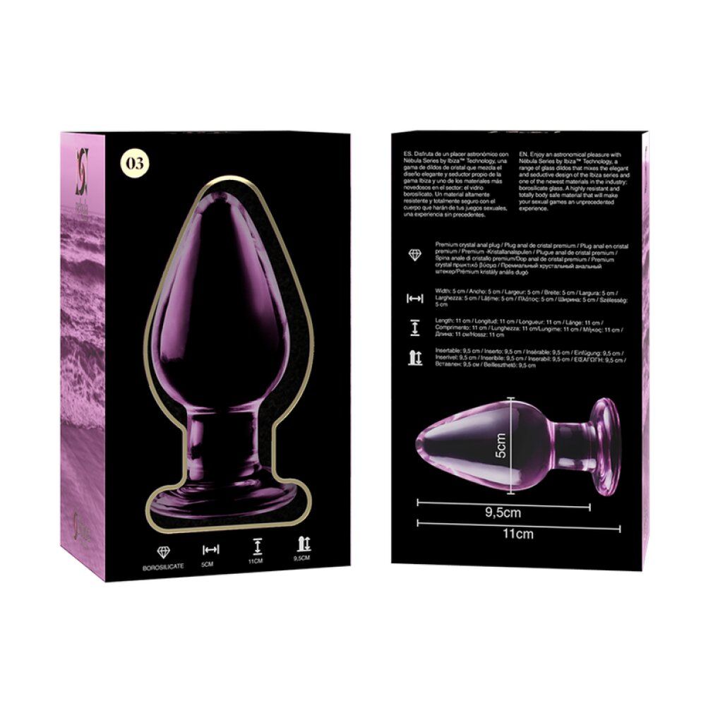 Verpackung und rosa Glas-Analplug mit Maßen: 11 cm Länge, 9,5 cm Gesamtlänge, 5 cm Breite.