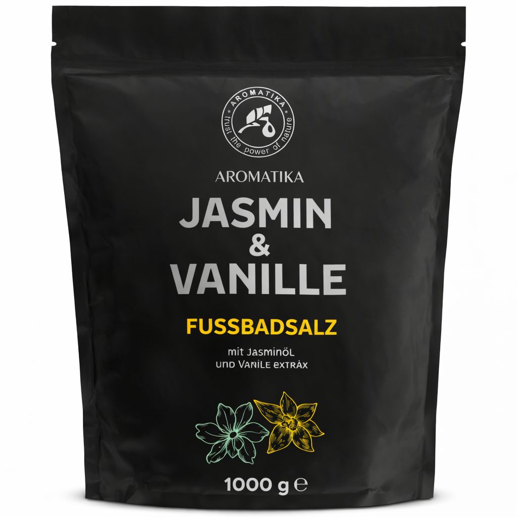 Schwarze Verpackung mit Produktnamen Jasmin & Vanille. Enthält Fußbadesalz. Mit Jasminöl und Vanilleextrakt. 1000 g.